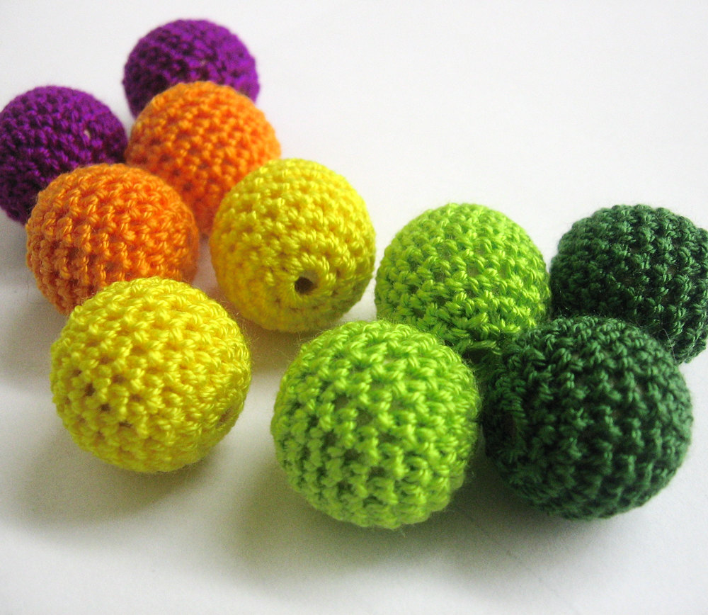 Crocheted Beads 22mm 10pc Handmade Round Green, Yellow, Orange And Purple