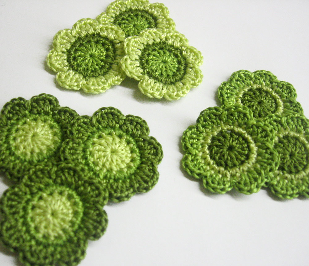 Handmade Cotton Flower Motifs Appliques In Green Shades 1,4 Inches Set Of Nine