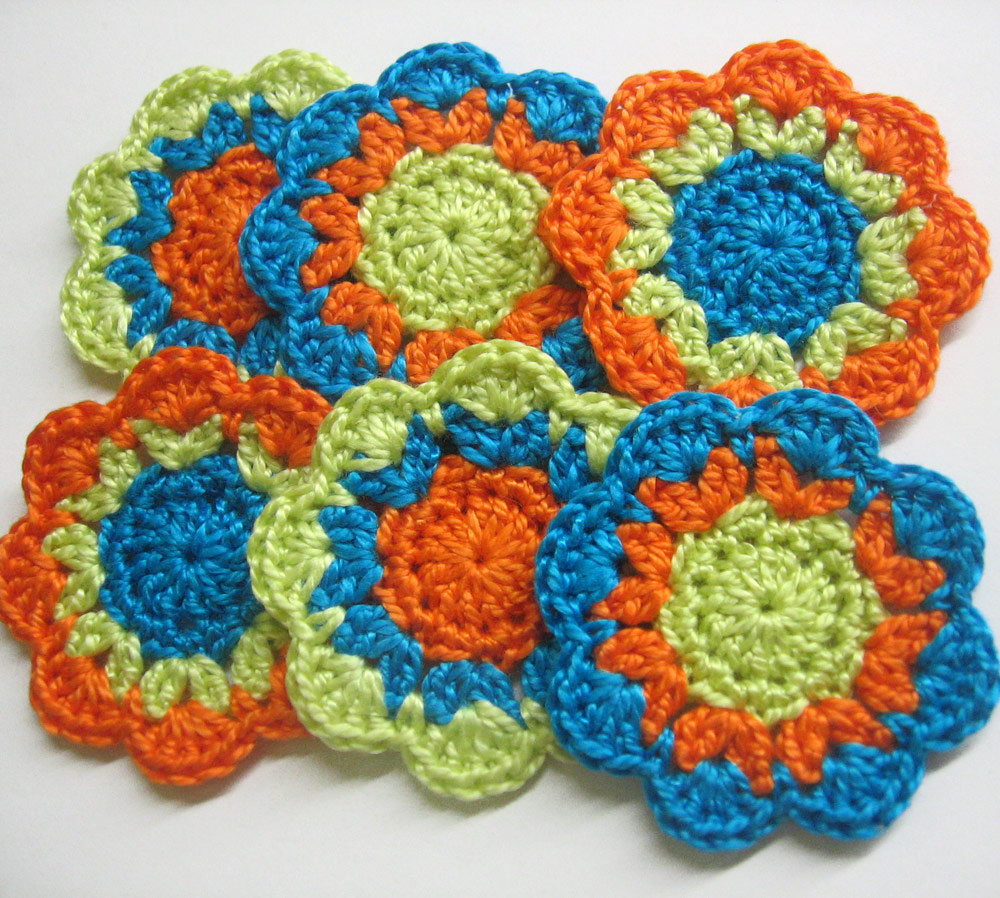 Handmade Cotton Flower Motifs Appliques In Orange Green And Blue Set Of Six
